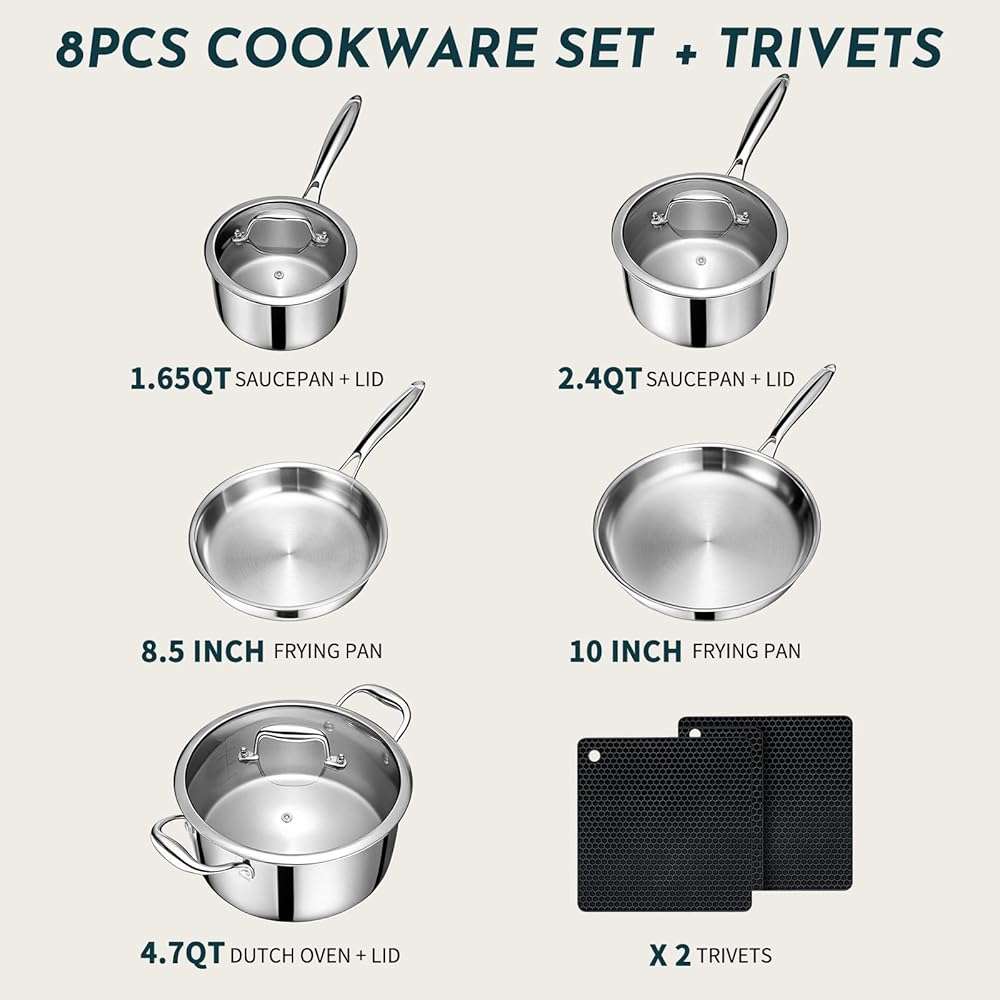 3 Ply Stainless Steel Cookware Set, AIVIKI 10-Pieces Pots and Pans Set, Induction Kitchen Cookware Set, Oven Safe to 500℉, Chef Quality Cooking Set w/Fry Pans, Saucepans, Dutch Oven, Kitchen Essential - Image 2