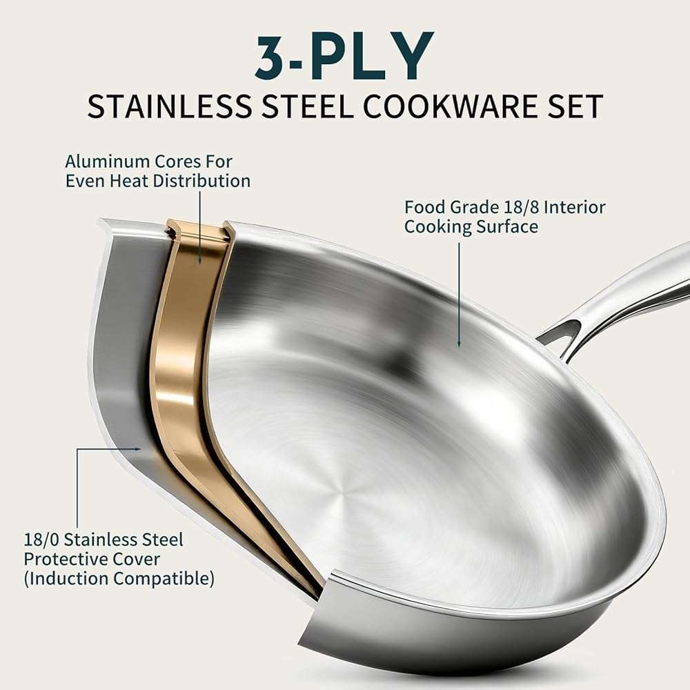 3 Ply Stainless Steel Cookware Set, AIVIKI 10-Pieces Pots and Pans Set, Induction Kitchen Cookware Set, Oven Safe to 500℉, Chef Quality Cooking Set w/Fry Pans, Saucepans, Dutch Oven, Kitchen Essential - Image 3