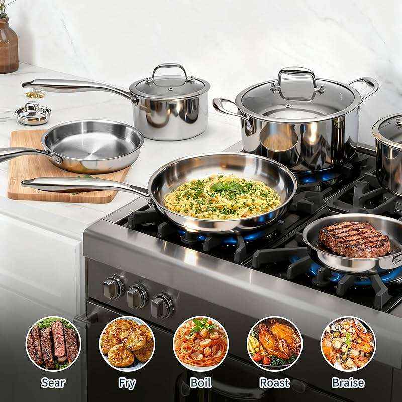 3 Ply Stainless Steel Cookware Set, AIVIKI 10-Pieces Pots and Pans Set, Induction Kitchen Cookware Set, Oven Safe to 500℉, Chef Quality Cooking Set w/Fry Pans, Saucepans, Dutch Oven, Kitchen Essential - Image 6