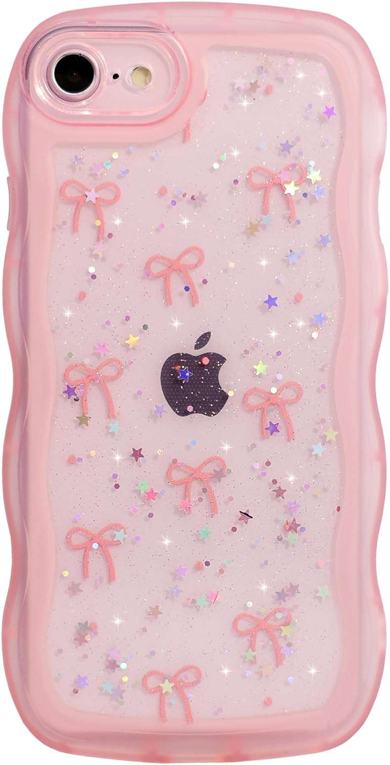 Qokey for iPhone 16e/17e Case 6.1 inch, Glitter Star & Curved Edge Handle Grip Design, Military-Grade Shockproof Clear TPU Cover, Sparkle Protection Scratch-Resistant, Holographic Pink Bow - Image 1