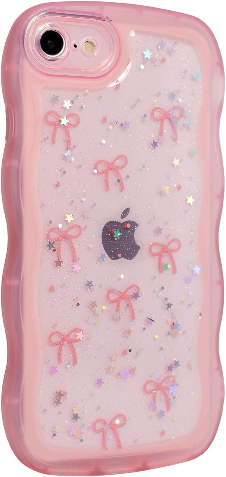 Qokey for iPhone 16e/17e Case 6.1 inch, Glitter Star & Curved Edge Handle Grip Design, Military-Grade Shockproof Clear TPU Cover, Sparkle Protection Scratch-Resistant, Holographic Pink Bow - Image 2