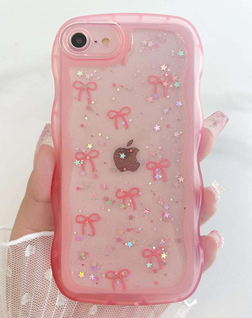 Qokey for iPhone 16e/17e Case 6.1 inch, Glitter Star & Curved Edge Handle Grip Design, Military-Grade Shockproof Clear TPU Cover, Sparkle Protection Scratch-Resistant, Holographic Pink Bow - Image 4