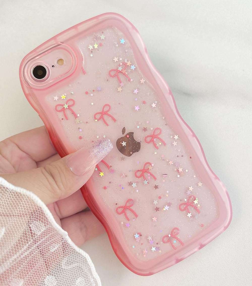 Qokey for iPhone 16e/17e Case 6.1 inch, Glitter Star & Curved Edge Handle Grip Design, Military-Grade Shockproof Clear TPU Cover, Sparkle Protection Scratch-Resistant, Holographic Pink Bow - Image 5