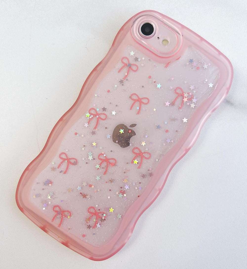 Qokey for iPhone 16e/17e Case 6.1 inch, Glitter Star & Curved Edge Handle Grip Design, Military-Grade Shockproof Clear TPU Cover, Sparkle Protection Scratch-Resistant, Holographic Pink Bow - Image 6