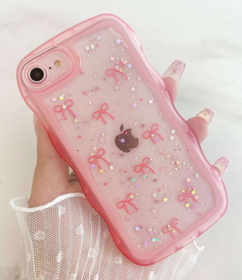 Qokey for iPhone 16e/17e Case 6.1 inch, Glitter Star & Curved Edge Handle Grip Design, Military-Grade Shockproof Clear TPU Cover, Sparkle Protection Scratch-Resistant, Holographic Pink Bow - Image 7