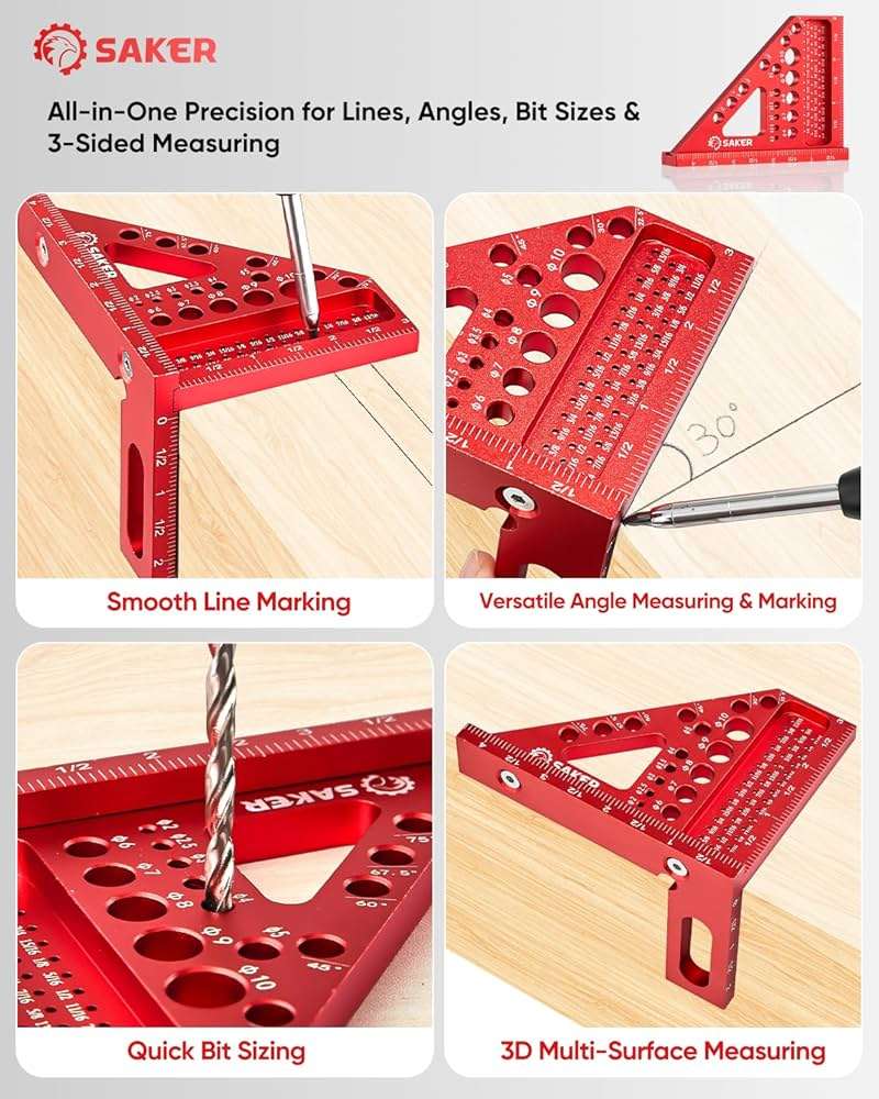 Saker 3D Multi-Angle Measuring Square Ruler, Aluminum Alloy Carpenter Square, 0-90° Precision Hole Scribing Ruler with Angle Pin for Woodworking, Engineering, and Construction Projects - Image 2