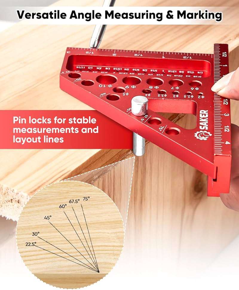 Saker 3D Multi-Angle Measuring Square Ruler, Aluminum Alloy Carpenter Square, 0-90° Precision Hole Scribing Ruler with Angle Pin for Woodworking, Engineering, and Construction Projects - Image 4