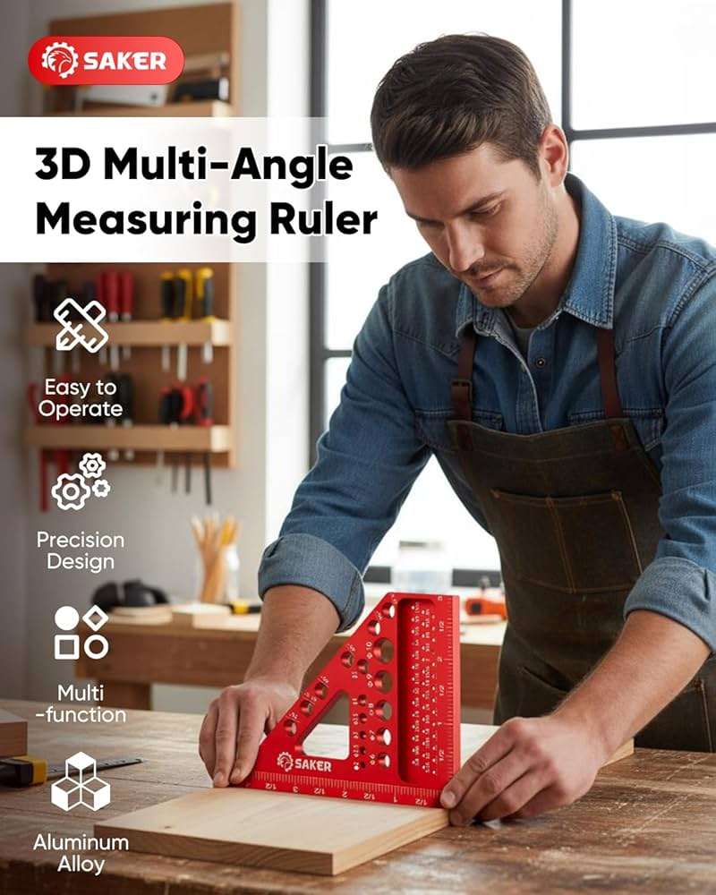 Saker 3D Multi-Angle Measuring Square Ruler, Aluminum Alloy Carpenter Square, 0-90° Precision Hole Scribing Ruler with Angle Pin for Woodworking, Engineering, and Construction Projects - Image 6