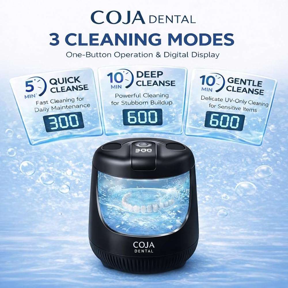 COJA Dental Cleansing Pod PRO + UV | Rechargeable Ultrasonic Retainer Cleaner Machine | 48kHz Ultrasonic Dental Pod for Mouthguard, Dentures & Aligners | 3 Cleaning Modes | Tablets Included - Image 3