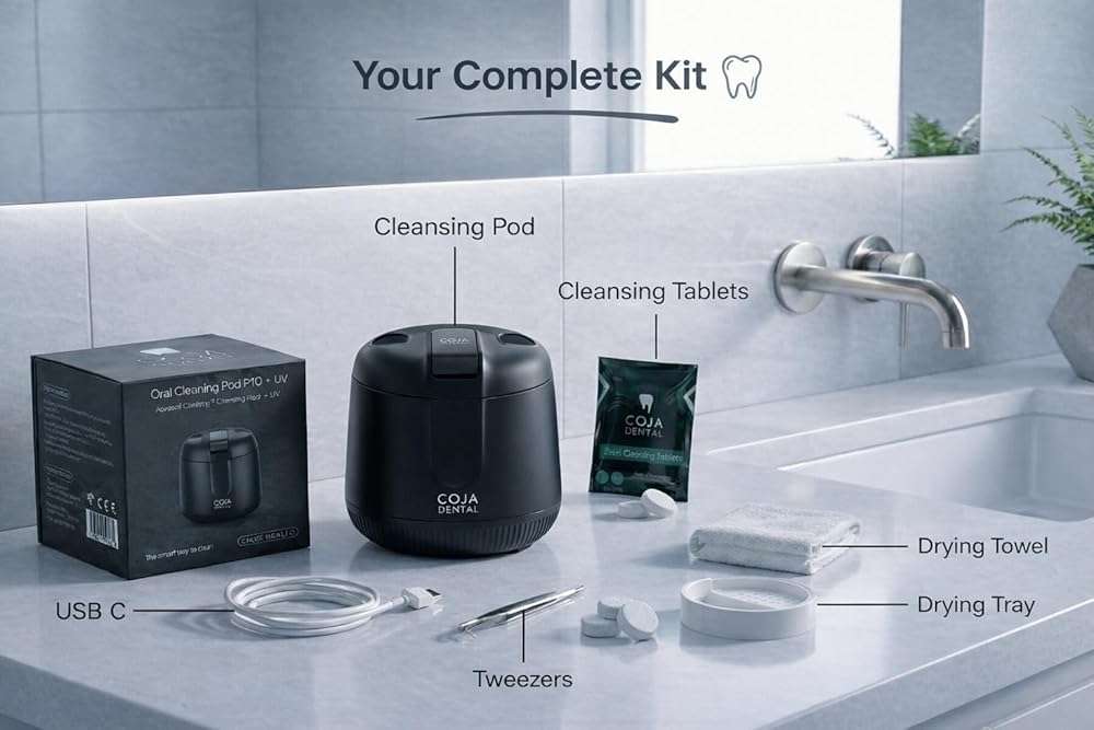 COJA Dental Cleansing Pod PRO + UV | Rechargeable Ultrasonic Retainer Cleaner Machine | 48kHz Ultrasonic Dental Pod for Mouthguard, Dentures & Aligners | 3 Cleaning Modes | Tablets Included - Image 6