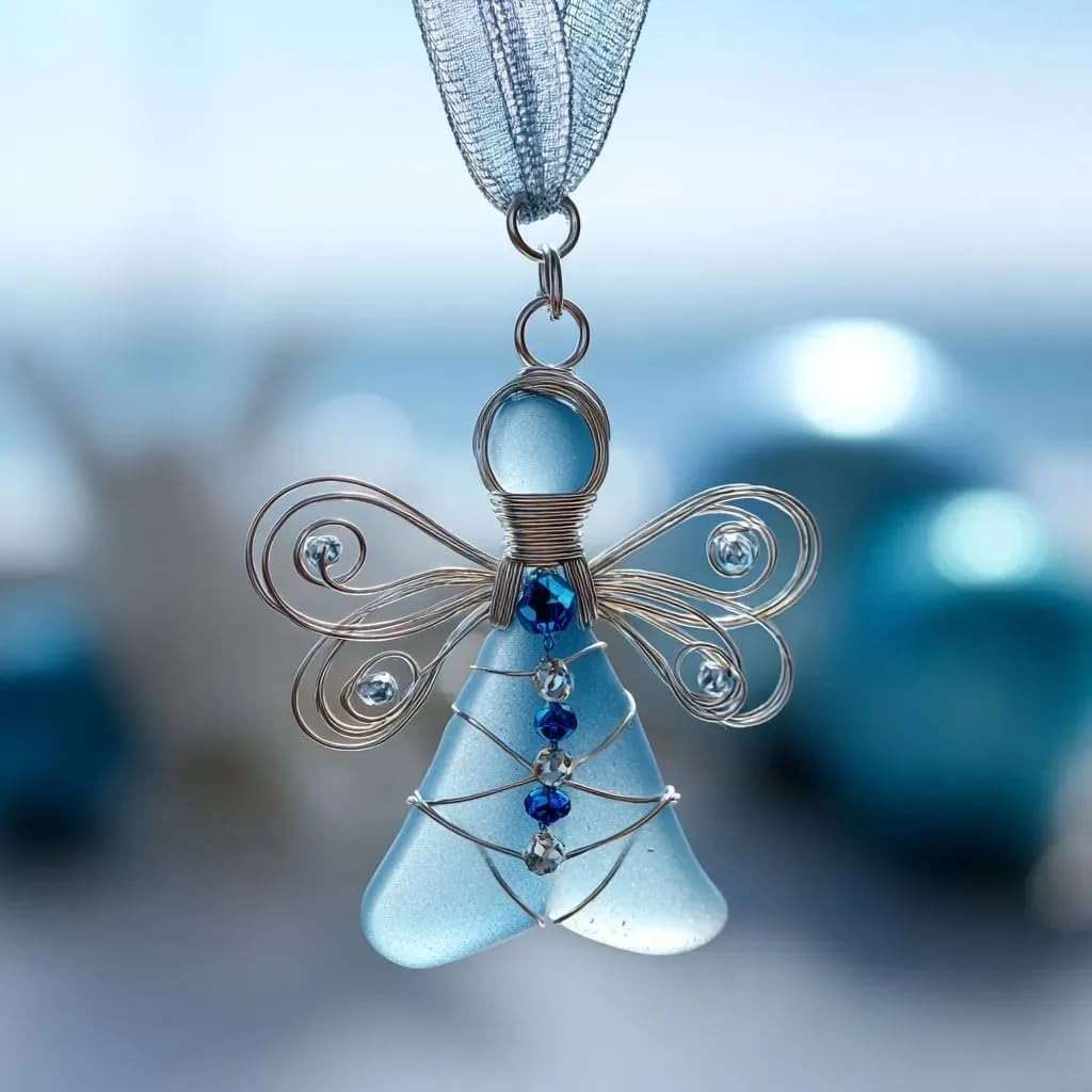 Generic Handmade Sea Glass Angel Ornament, Charming Coastal Christmas Sea Glass Ornaments, Silver Wire Wrapped Angel Christmas Decor with Rope, Xmas Holiday Home Decor Gift (Ocean Blue) - Image 3