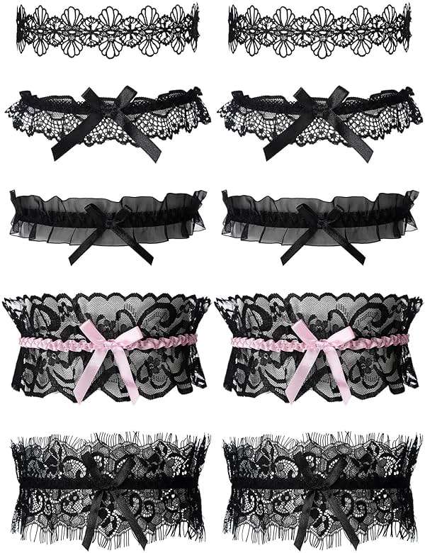 Boao 10 Pcs Wedding Garters for Bride Stretchy Lace Thigh Garters Belt Women Leg Ring for Bride Bridal Wedding Gift, 5 Style - Image 1