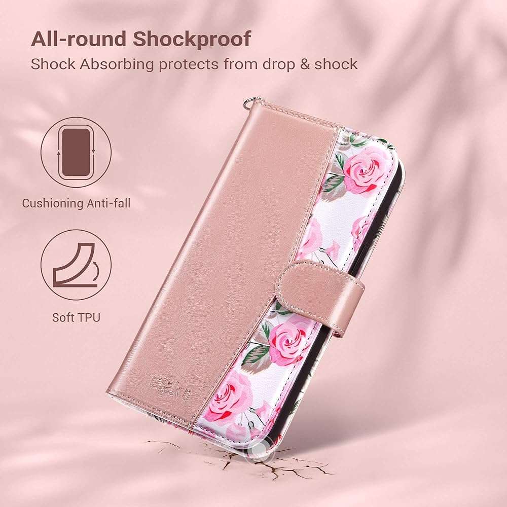 ULAK Compatible with iPhone 16E Wallet Case/iPhone 17E Wallet Case with Card Holder, PU Leather Case with Kickstand Card Slots Wrist Strap, Durable Shockproof Protective Cover 6.1 inch, Rose Gold - Image 6
