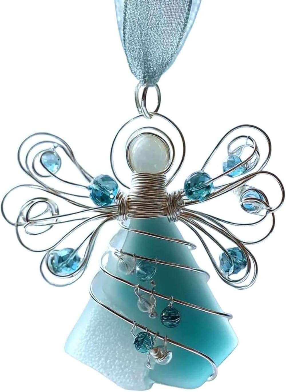 Handmade Sea Glass Angel Ornament, Colorful Glass Angel with Silver Wire Wings,Unique Hanging Beach Decorations with Rope, Xmas Holiday Home Decor Gift (A) - Image 1