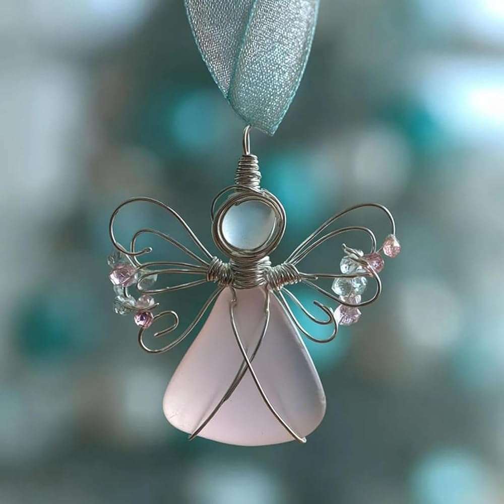 Handmade Sea Glass Angel Ornament, Colorful Glass Angel with Silver Wire Wings,Unique Hanging Beach Decorations with Rope, Xmas Holiday Home Decor Gift (A) - Image 2