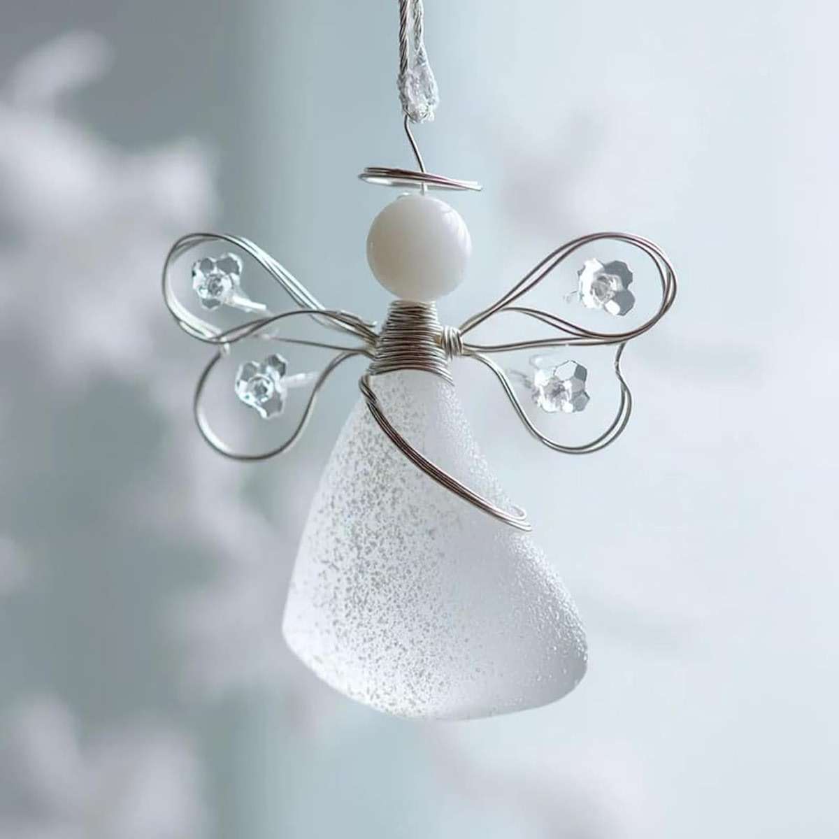 Handmade Sea Glass Angel Ornament, Colorful Glass Angel with Silver Wire Wings,Unique Hanging Beach Decorations with Rope, Xmas Holiday Home Decor Gift (A) - Image 4