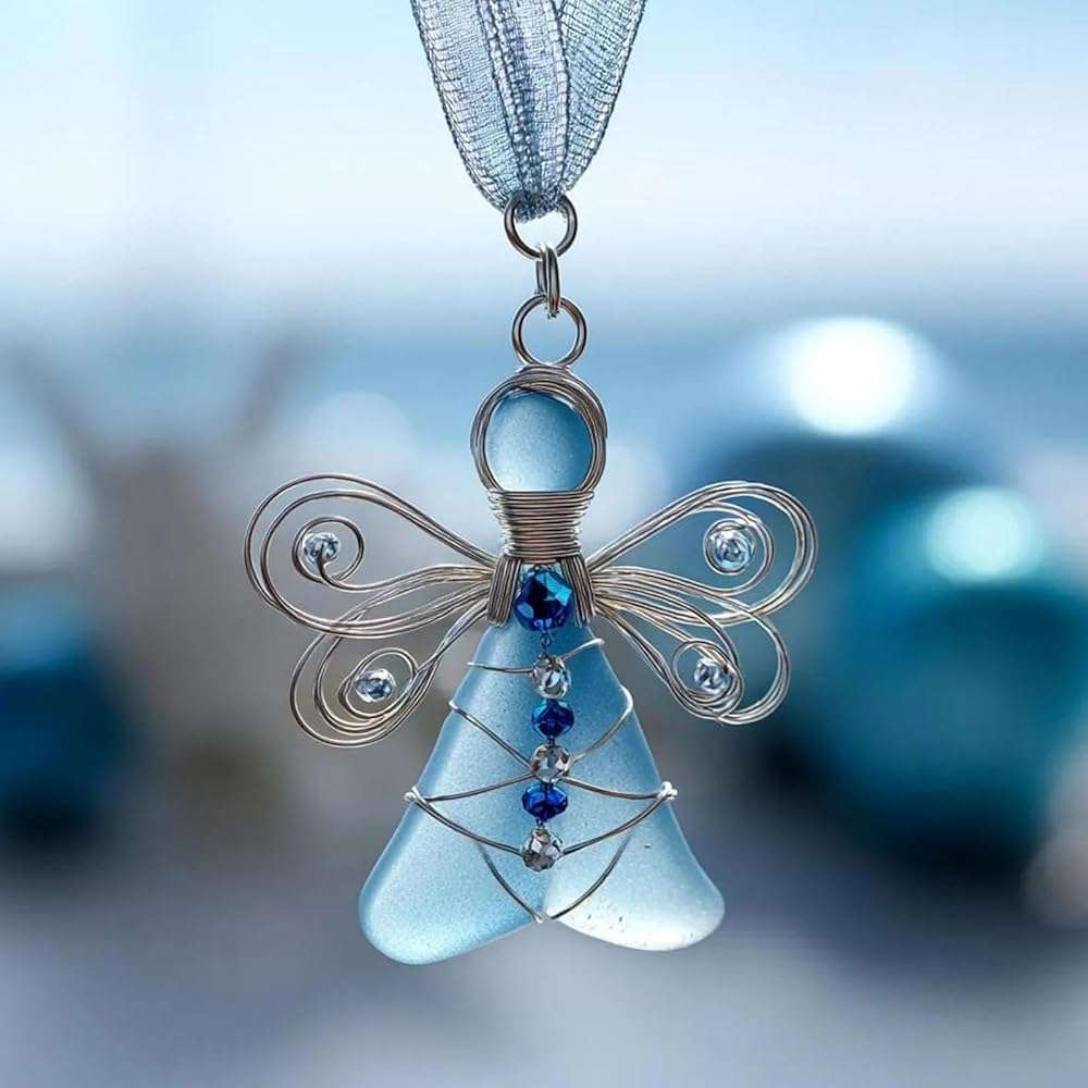 Handmade Sea Glass Angel Ornament, Colorful Glass Angel with Silver Wire Wings,Unique Hanging Beach Decorations with Rope, Xmas Holiday Home Decor Gift (A) - Image 5
