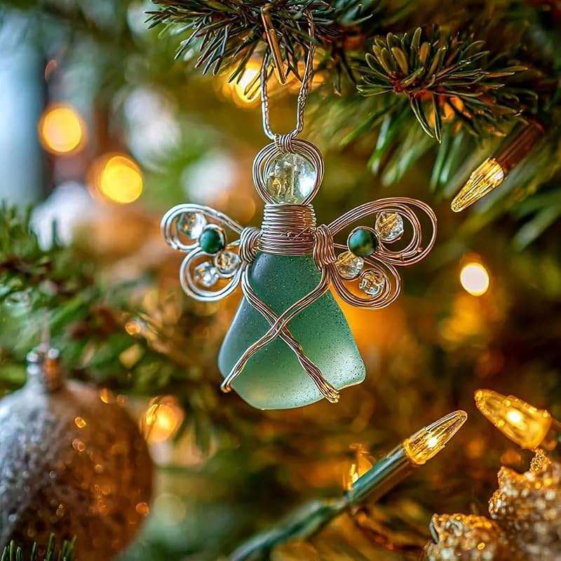 Handmade Sea Glass Angel Ornament, Colorful Glass Angel with Silver Wire Wings,Unique Hanging Beach Decorations with Rope, Xmas Holiday Home Decor Gift (A) - Image 6