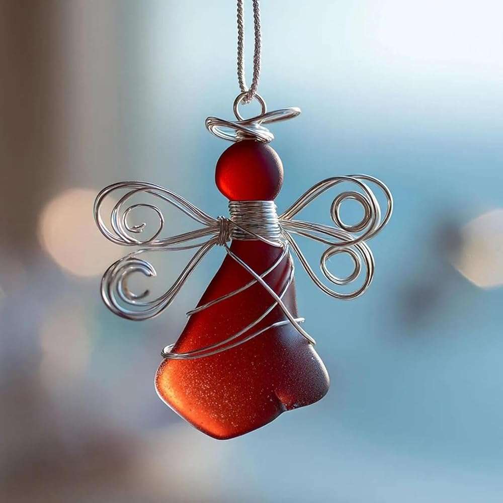 Handmade Sea Glass Angel Ornament, Colorful Glass Angel with Silver Wire Wings,Unique Hanging Beach Decorations with Rope, Xmas Holiday Home Decor Gift (A) - Image 7