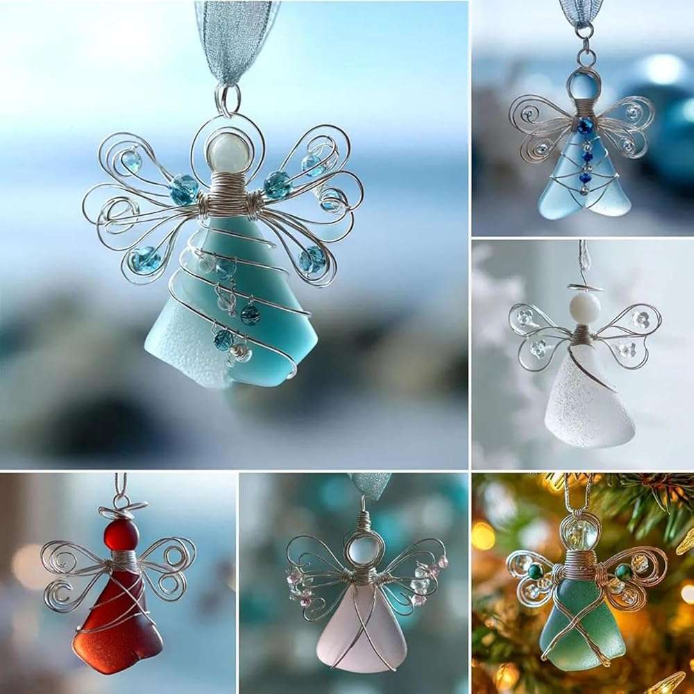 Handmade Sea Glass Angel Ornament, Colorful Glass Angel with Silver Wire Wings,Unique Hanging Beach Decorations with Rope, Xmas Holiday Home Decor Gift (A) - Image 8