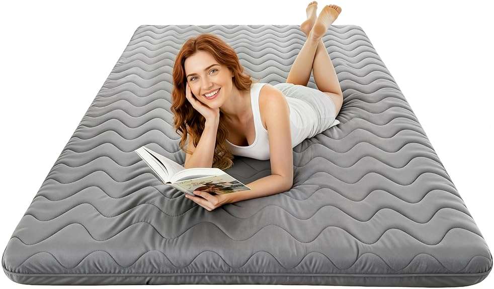 COZYFUZY Japanese Floor Mattress Futon - 3.5" Extra Firm Foldable Tatami Mat, 5-Layer Support with High-Density Foam Portable Floor Bed for Guest, Dorm, Room & Camping Grey Full - Image 1
