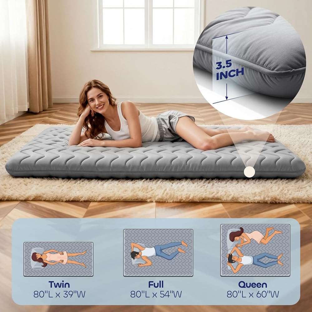 COZYFUZY Japanese Floor Mattress Futon - 3.5" Extra Firm Foldable Tatami Mat, 5-Layer Support with High-Density Foam Portable Floor Bed for Guest, Dorm, Room & Camping Grey Full - Image 5