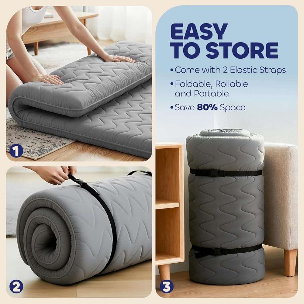 COZYFUZY Japanese Floor Mattress Futon - 3.5" Extra Firm Foldable Tatami Mat, 5-Layer Support with High-Density Foam Portable Floor Bed for Guest, Dorm, Room & Camping Grey Full - Image 6