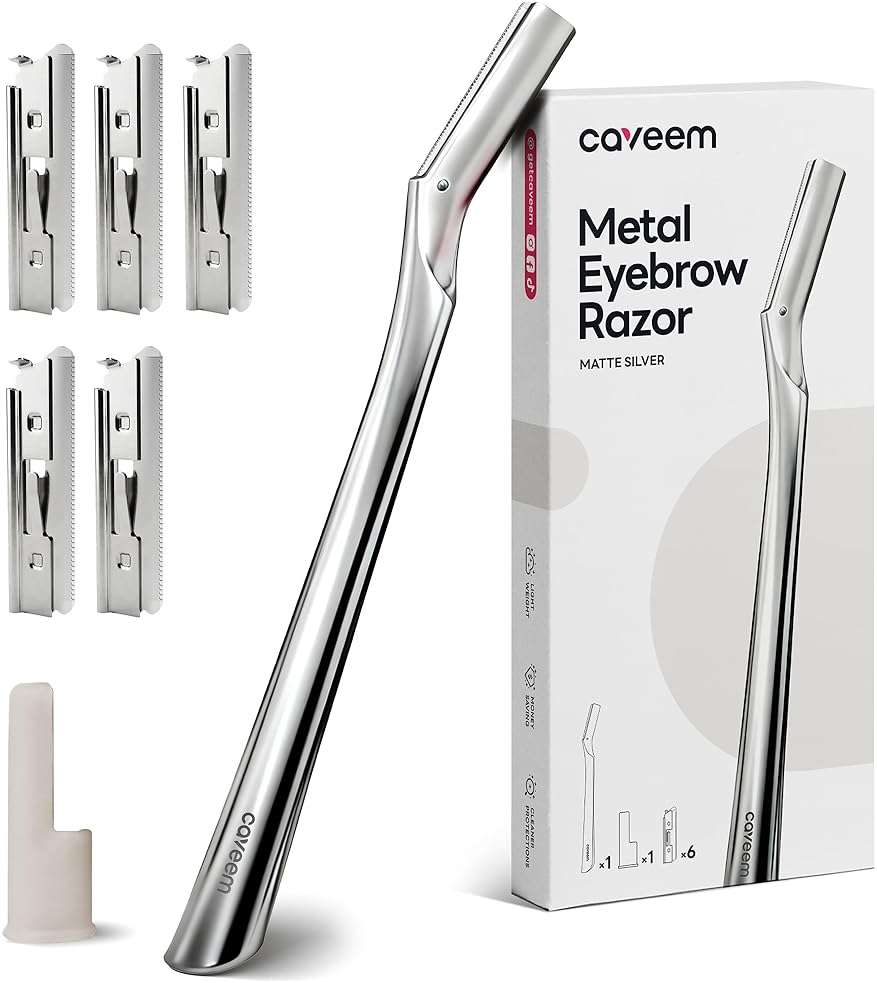 CAVEEM Eyebrow Razor, Face Razors for Women & Men, Dermaplane Razor for Face Exfoliation, Peach Fuzz Removal with 6 Blades (Matte Silver) - Image 1