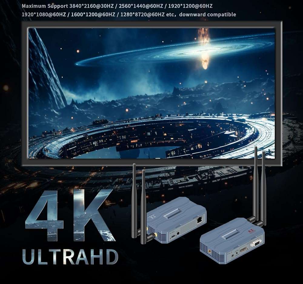 Wireless hdmi Transmitter and Receiver 4K@30HZ/2K@60HZ/1080P@60HZ,Wireless hdmi Extender kit for tv Plug&Play,820FT/250M,IR Extend,Speaker,2.4G5.8G,Streaming from STB,PC,CCTV to TV,Monitor,Proj Remot - Image 2