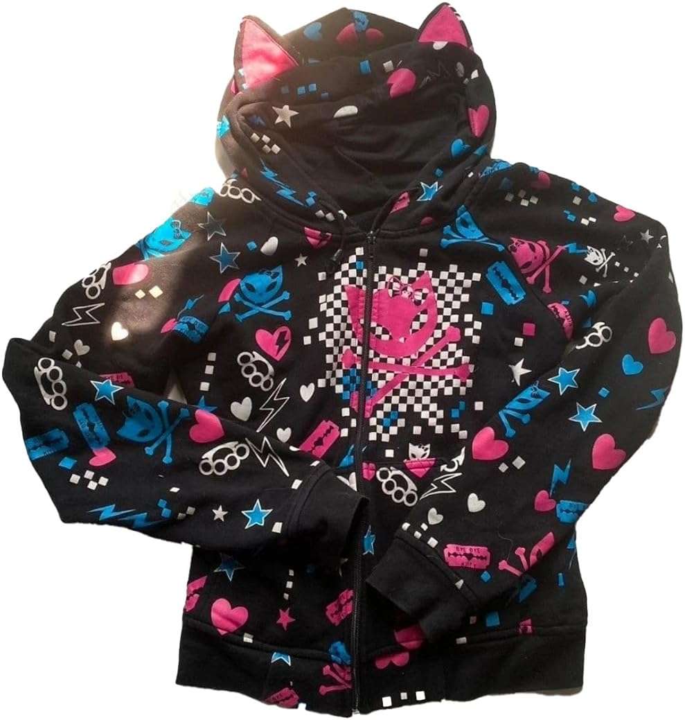 Womens Y2k Skulls Pattern Hoodies Kawaii Zip Up Clothes Punk Hip Hop Cat Ears Sweatshirts Cute Hoodie - Image 1