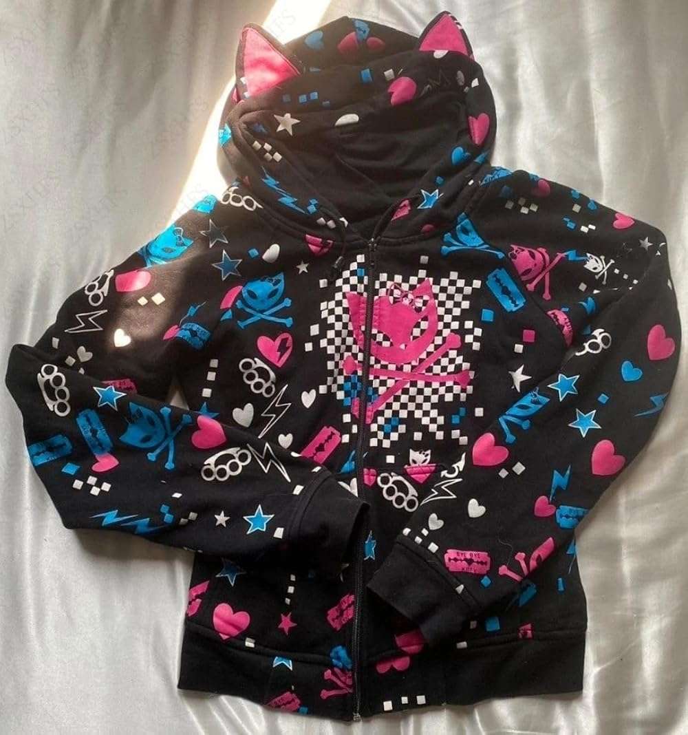 Womens Y2k Skulls Pattern Hoodies Kawaii Zip Up Clothes Punk Hip Hop Cat Ears Sweatshirts Cute Hoodie - Image 2