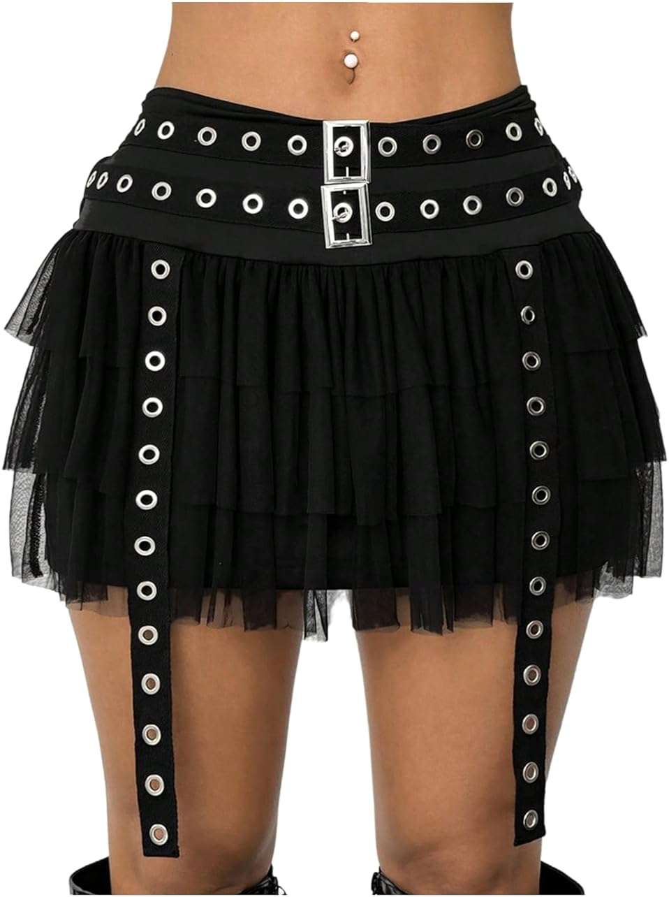 WDIRARA Women's Gothic Punk Tulle Mesh Mini Skirt Grommet Eyelet Ruffle Tiered Skirts - Image 1