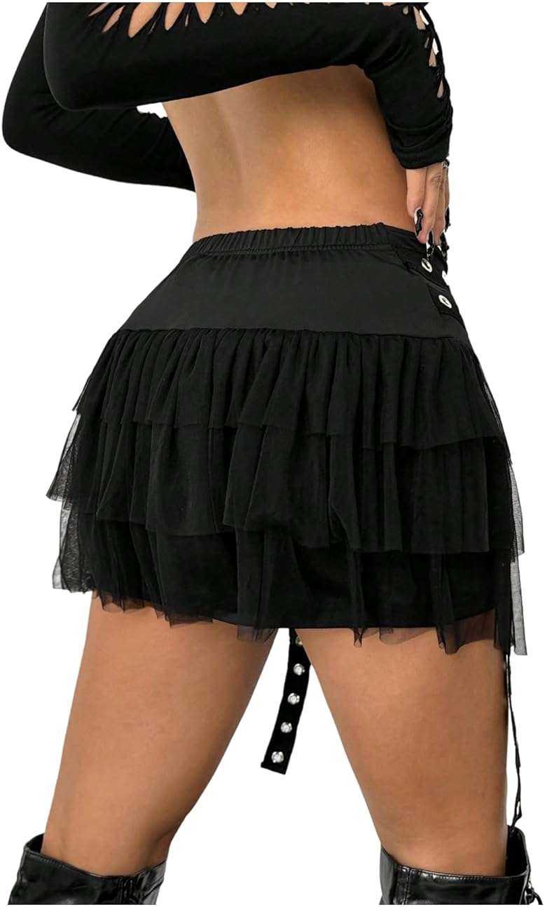 WDIRARA Women's Gothic Punk Tulle Mesh Mini Skirt Grommet Eyelet Ruffle Tiered Skirts - Image 2