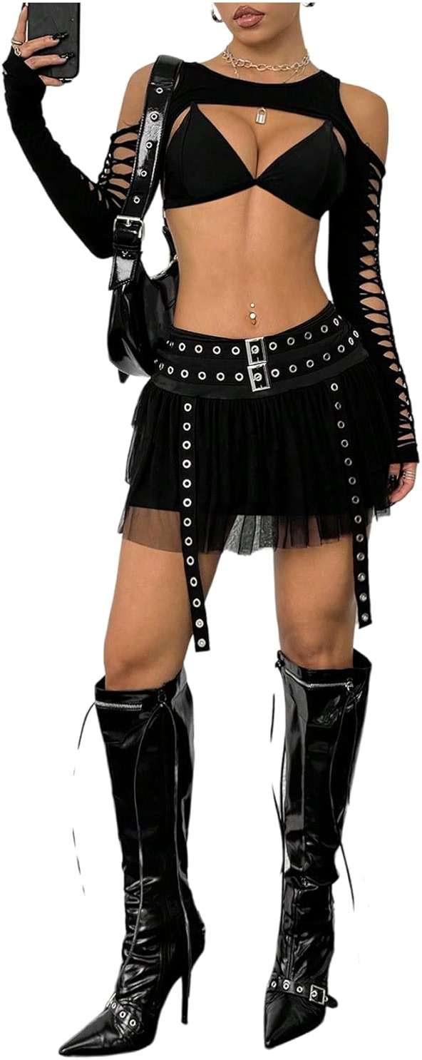 WDIRARA Women's Gothic Punk Tulle Mesh Mini Skirt Grommet Eyelet Ruffle Tiered Skirts - Image 3