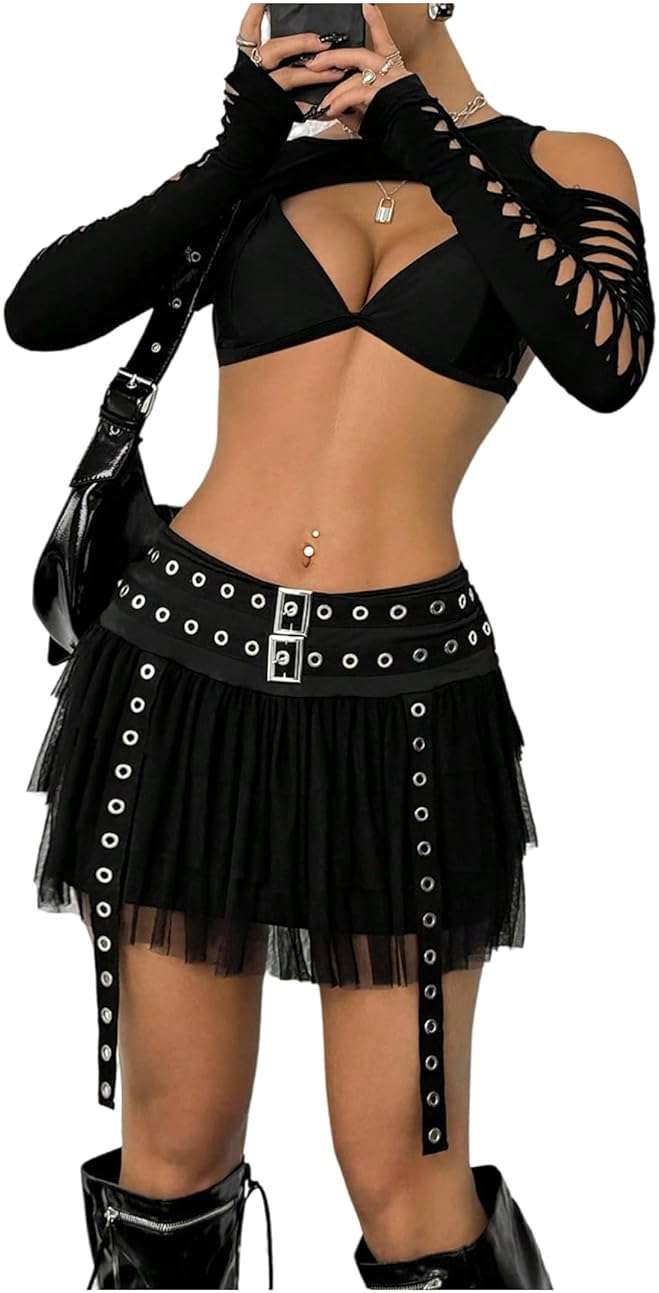 WDIRARA Women's Gothic Punk Tulle Mesh Mini Skirt Grommet Eyelet Ruffle Tiered Skirts - Image 4