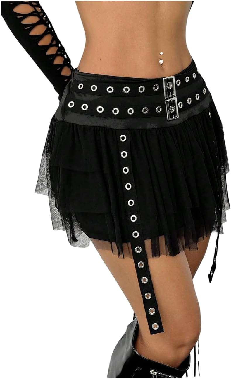 WDIRARA Women's Gothic Punk Tulle Mesh Mini Skirt Grommet Eyelet Ruffle Tiered Skirts - Image 5