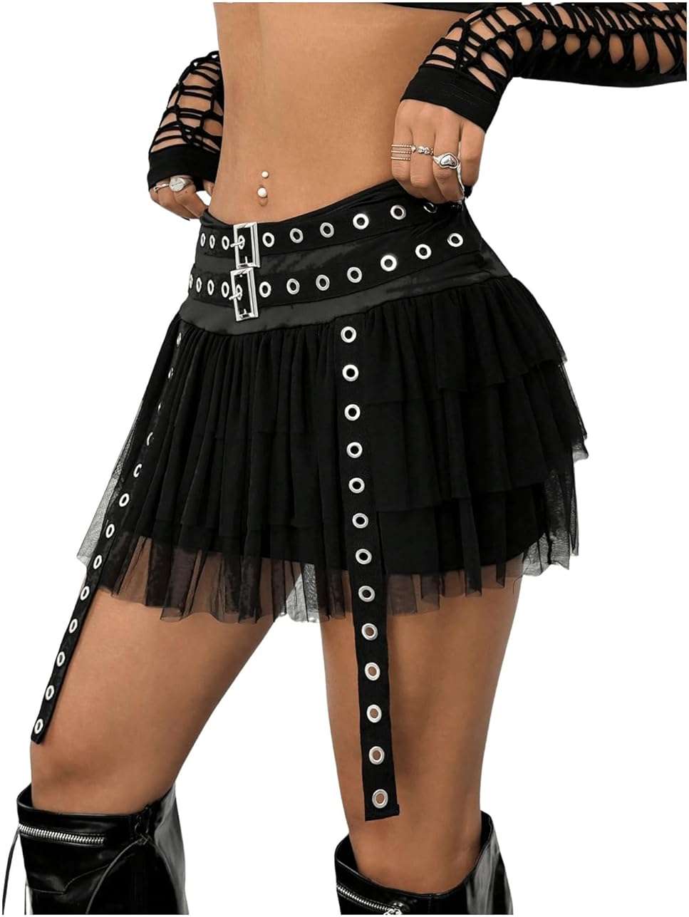 WDIRARA Women's Gothic Punk Tulle Mesh Mini Skirt Grommet Eyelet Ruffle Tiered Skirts - Image 6