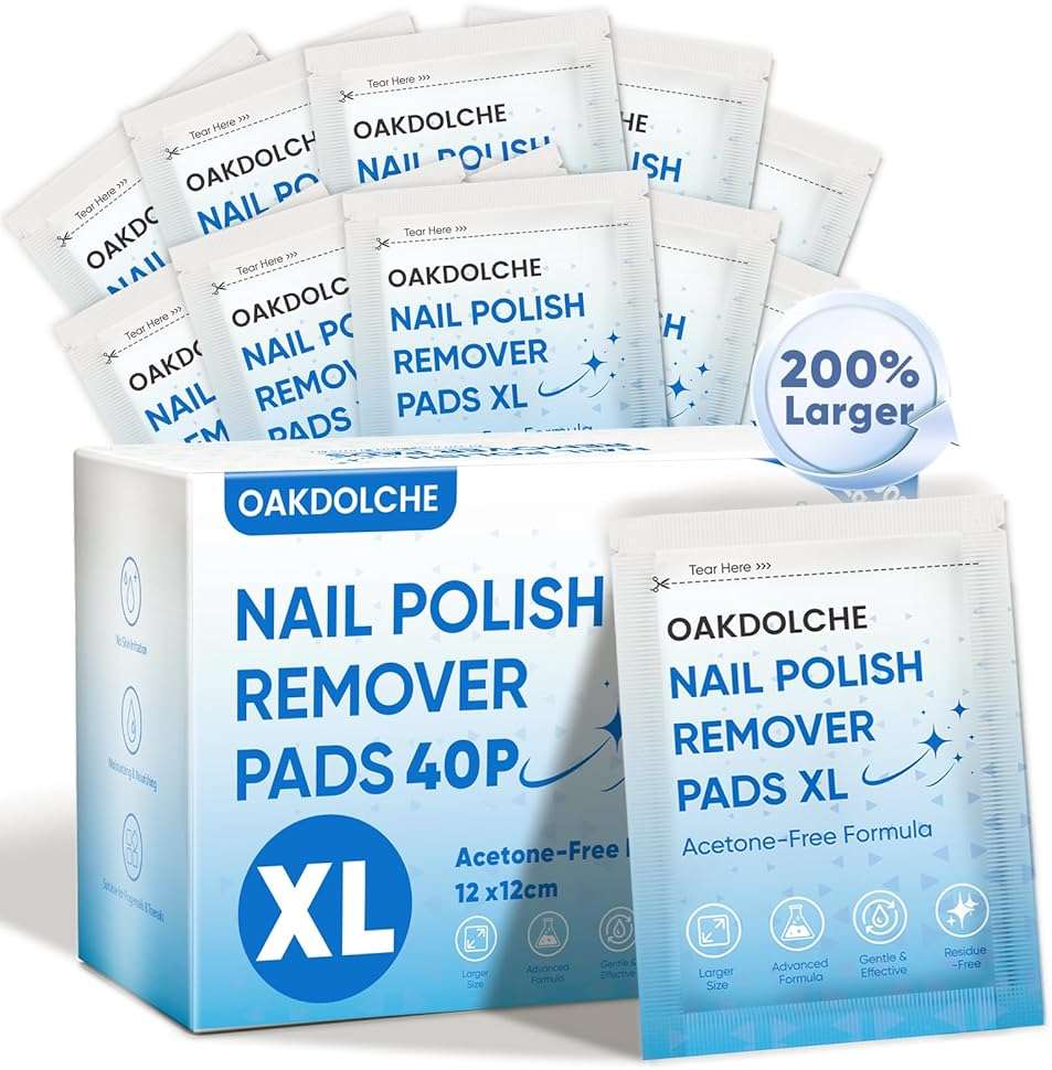 OAKDOLCHE Extra Large Nail Polish Remover Pads(12×12cm), Acetone-free Nail Polish Remover Wipes, Easily & Quickly, Professional Individually Wrapped Wet Wipes for Home & Salon Supplies, 40 PCS - Image 1