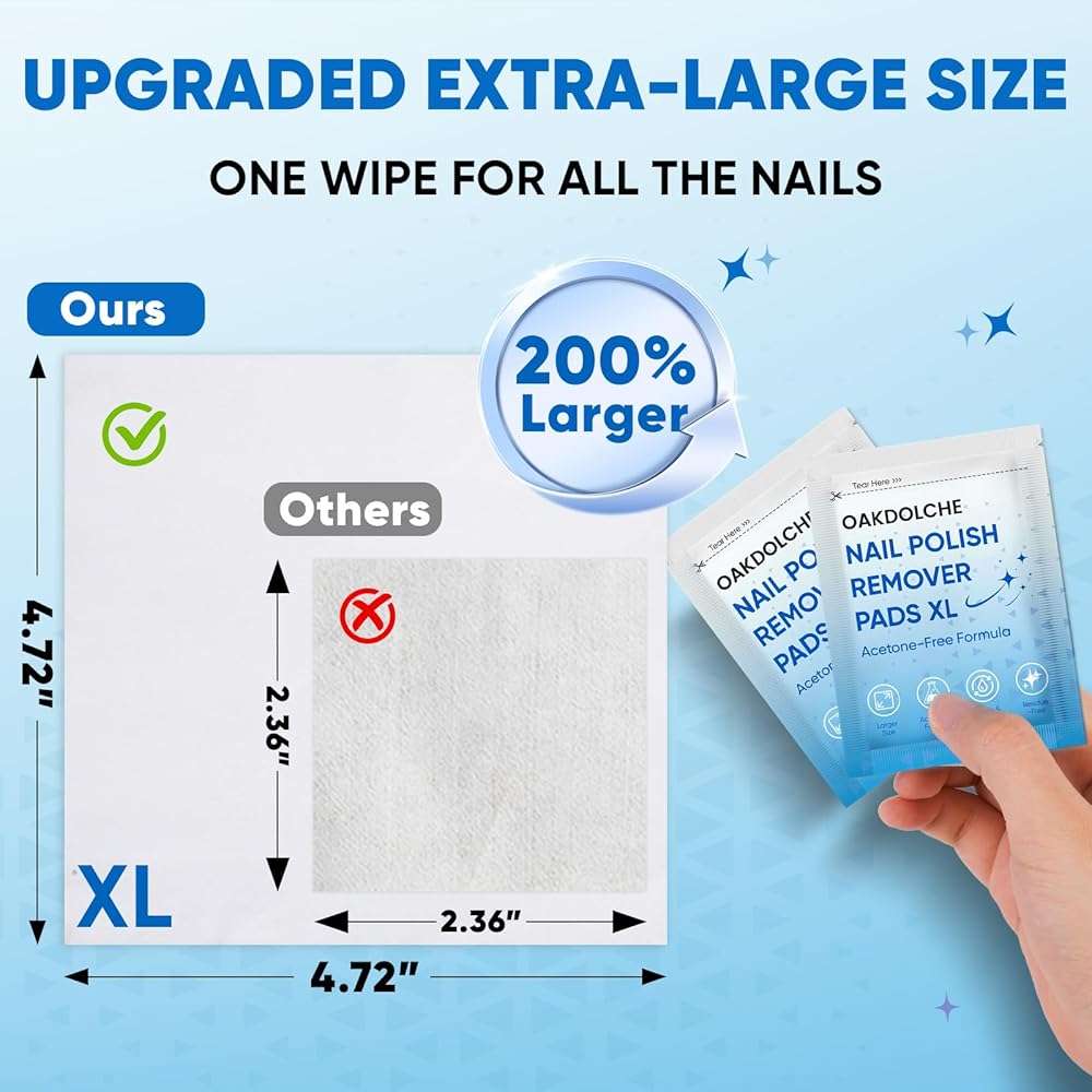OAKDOLCHE Extra Large Nail Polish Remover Pads(12×12cm), Acetone-free Nail Polish Remover Wipes, Easily & Quickly, Professional Individually Wrapped Wet Wipes for Home & Salon Supplies, 40 PCS - Image 3