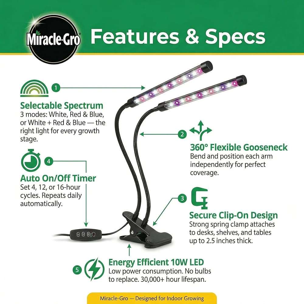 Miracle-Gro, Grow Light for Indoor Plants - 10W LED, Flexible 2-Head, Selectable Spectrum for Indoor Plants, Seeds, Herbs, Flowers, Plug-in Anywhere for Any Plant - Image 2
