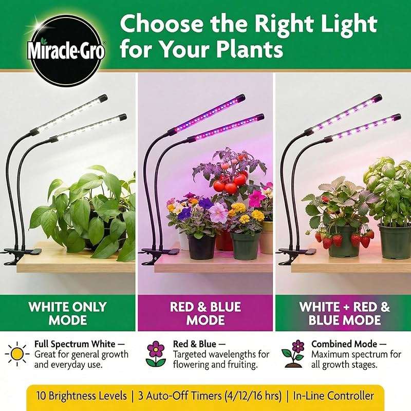 Miracle-Gro, Grow Light for Indoor Plants - 10W LED, Flexible 2-Head, Selectable Spectrum for Indoor Plants, Seeds, Herbs, Flowers, Plug-in Anywhere for Any Plant - Image 4