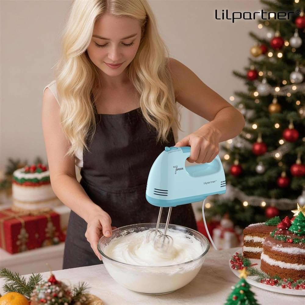 LILPARTNER Hand Mixer Electric, Ultra Power Kitchen Hand Mixer With 7-Speed & 5 Stainless Steel Accessories for Whipping Dough, Cream, Cake, Dishwasher Safe, Blue - Image 3