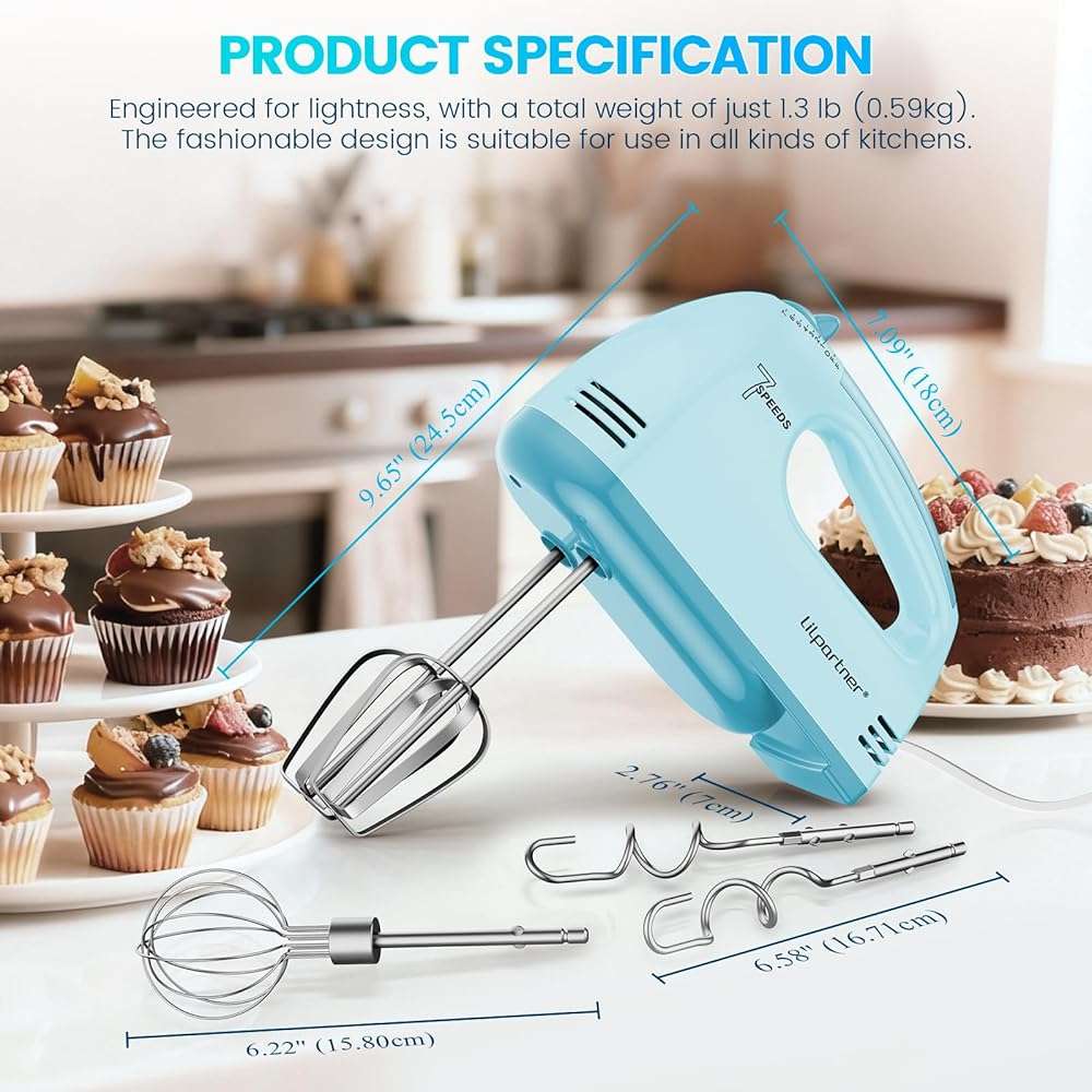 LILPARTNER Hand Mixer Electric, Ultra Power Kitchen Hand Mixer With 7-Speed & 5 Stainless Steel Accessories for Whipping Dough, Cream, Cake, Dishwasher Safe, Blue - Image 5