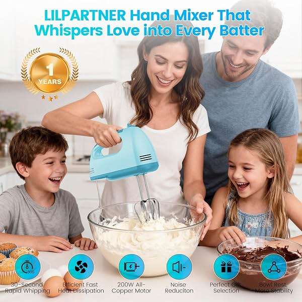 LILPARTNER Hand Mixer Electric, Ultra Power Kitchen Hand Mixer With 7-Speed & 5 Stainless Steel Accessories for Whipping Dough, Cream, Cake, Dishwasher Safe, Blue - Image 6