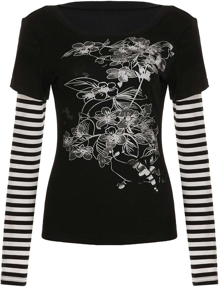GOTHPICKUS Womens Y2K Stripe Vintage Graphic Sweatshirt 2000s Grunge Slim Fit Long Sleeve Tops Punk Retro Alt Pullovers - Image 6