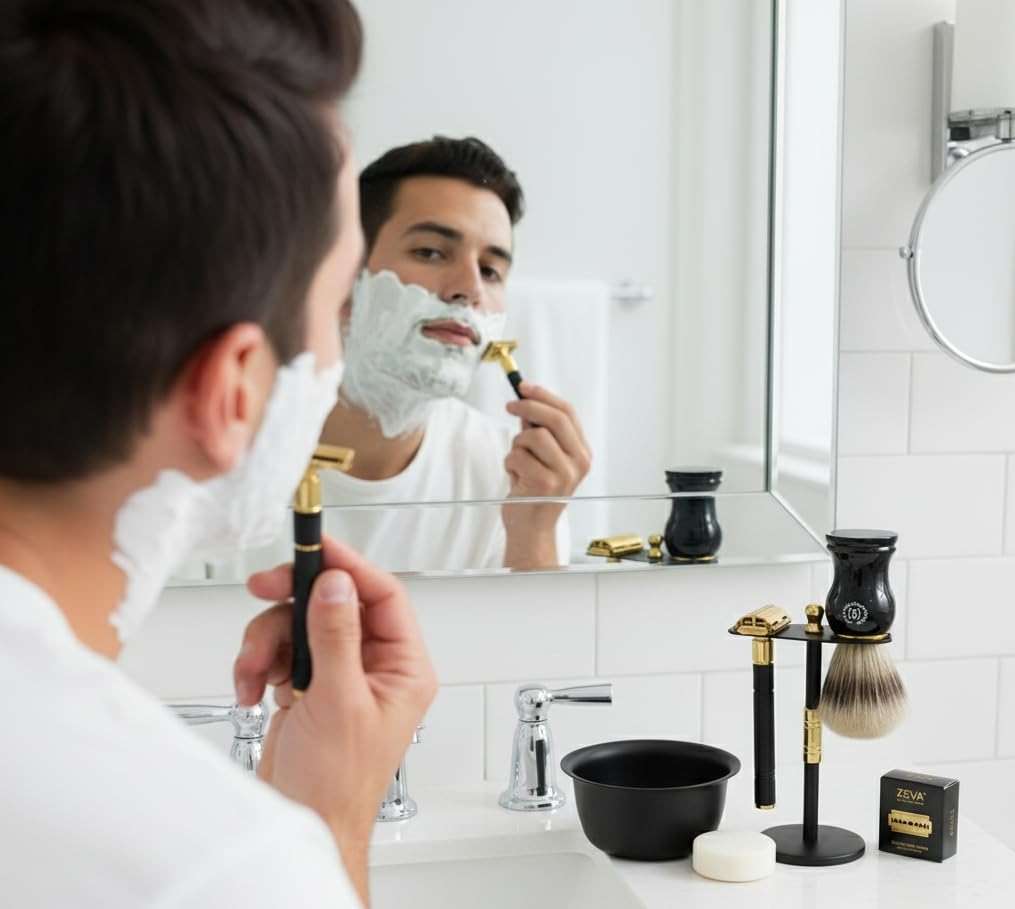 Men Safety Razor Vintage Shaving Gift Set | Butterfly Open DE Safety Razor, Stainless Steel Stand & Bowl, Natural Brush & 10 Blades Black Matte Finish Holiday Gift Idea - Image 3