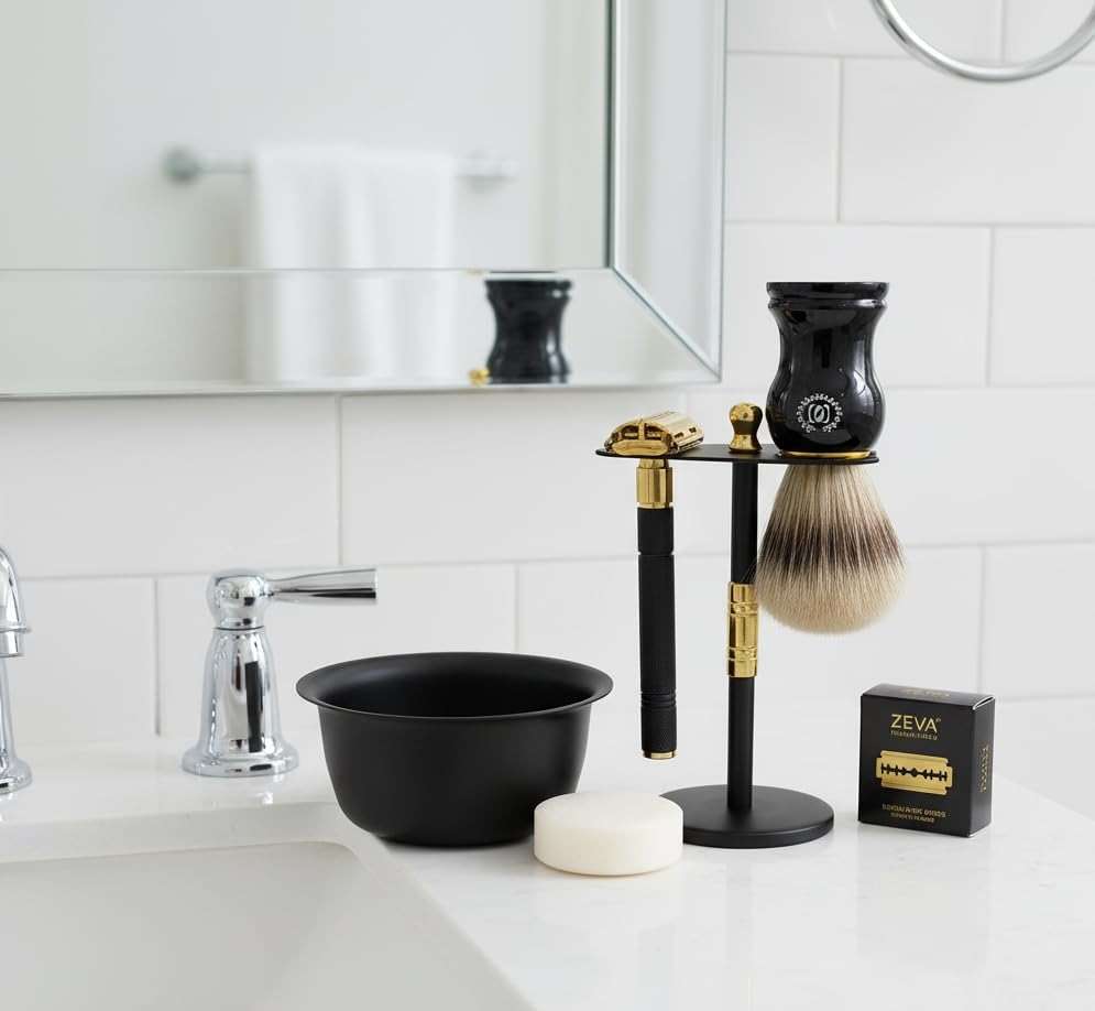 Men Safety Razor Vintage Shaving Gift Set | Butterfly Open DE Safety Razor, Stainless Steel Stand & Bowl, Natural Brush & 10 Blades Black Matte Finish Holiday Gift Idea - Image 4