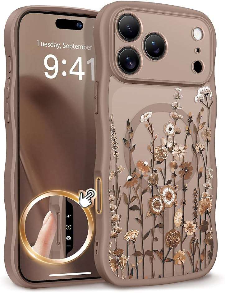 GVIEWIN for iPhone 17 Pro Max Case Compatible with MagSafe [Curly Wave Edge][Full Camera Protection] Floral Translucent Shockproof Magnetic Women Phone Case for 17 Pro Max, Floratopia/Brown - Image 1