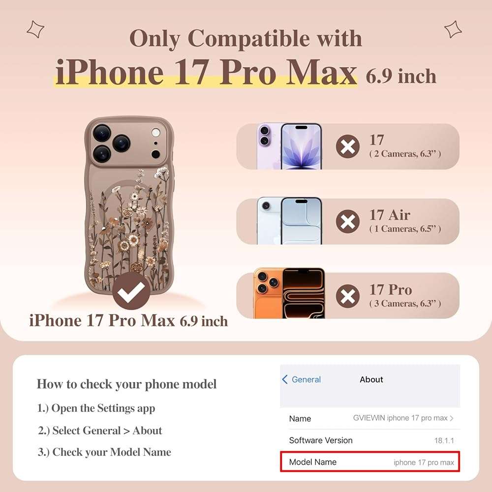 GVIEWIN for iPhone 17 Pro Max Case Compatible with MagSafe [Curly Wave Edge][Full Camera Protection] Floral Translucent Shockproof Magnetic Women Phone Case for 17 Pro Max, Floratopia/Brown - Image 2