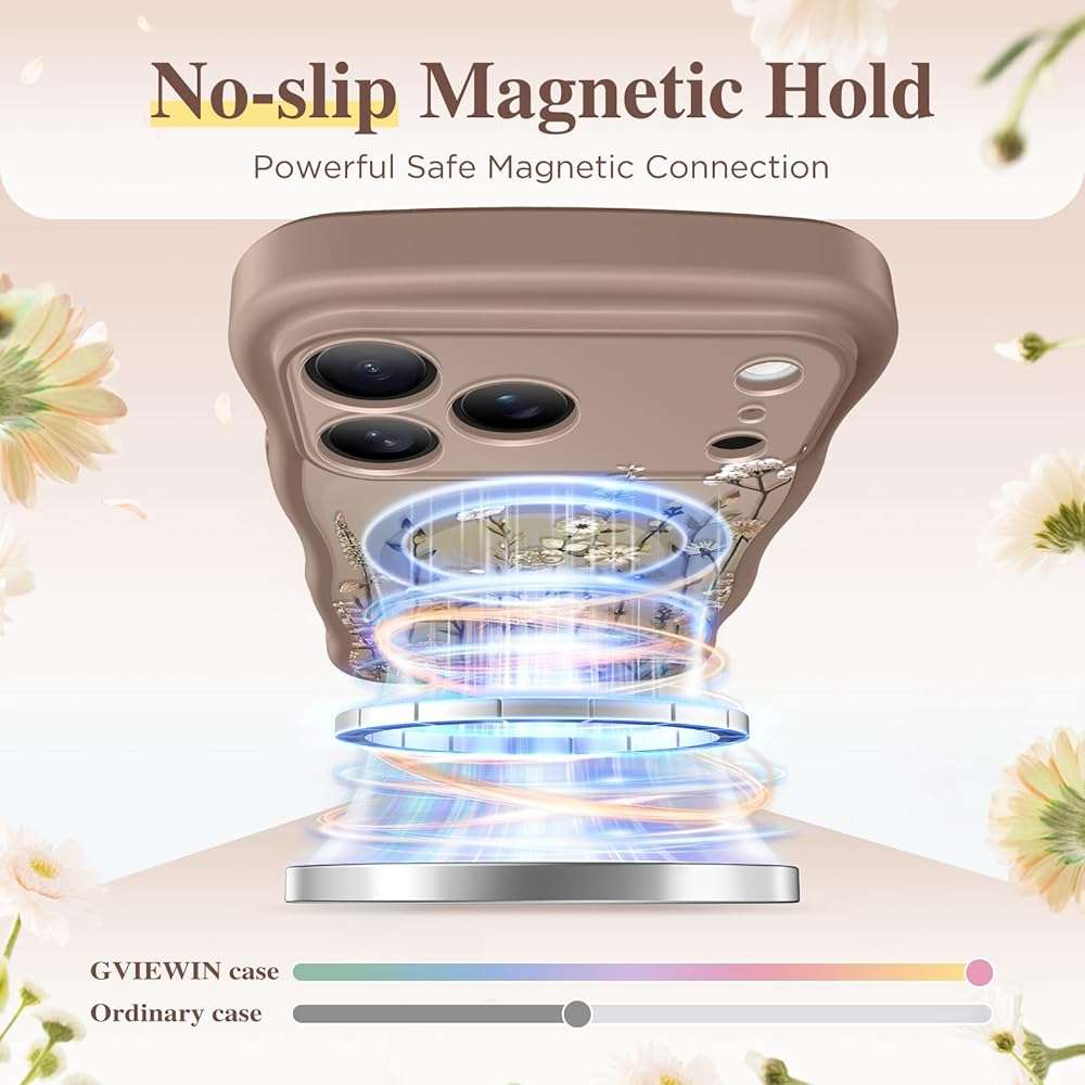 GVIEWIN for iPhone 17 Pro Max Case Compatible with MagSafe [Curly Wave Edge][Full Camera Protection] Floral Translucent Shockproof Magnetic Women Phone Case for 17 Pro Max, Floratopia/Brown - Image 3